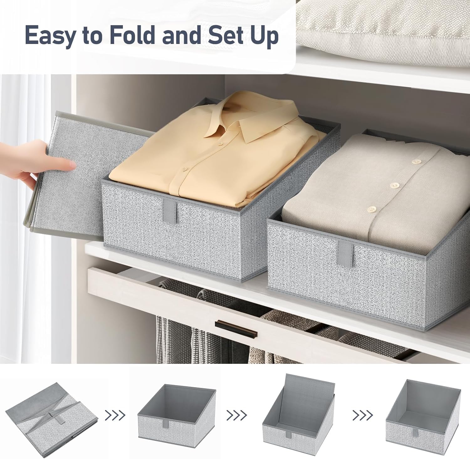 DIMJ Closet Storage Bins 10 Pack - Fabric Trapezoid Closet Organizer Bin, Foldable Storage Baskets for Shelves, Closet Shelf Organizer, Clothing Storage Box for Toys, Books, Towel, Clothes, Gray