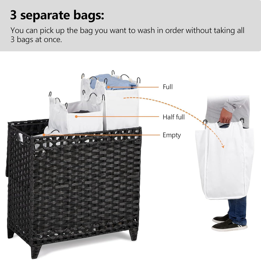 Laundry Hamper with 3 Removable Liner Bags; 132L Handwoven Rattan Laundry Basket with Lid & Heightened Feet; Clothes Hamper with Side Handles; Laundry Sorter with 3 Separate Sections (Black)