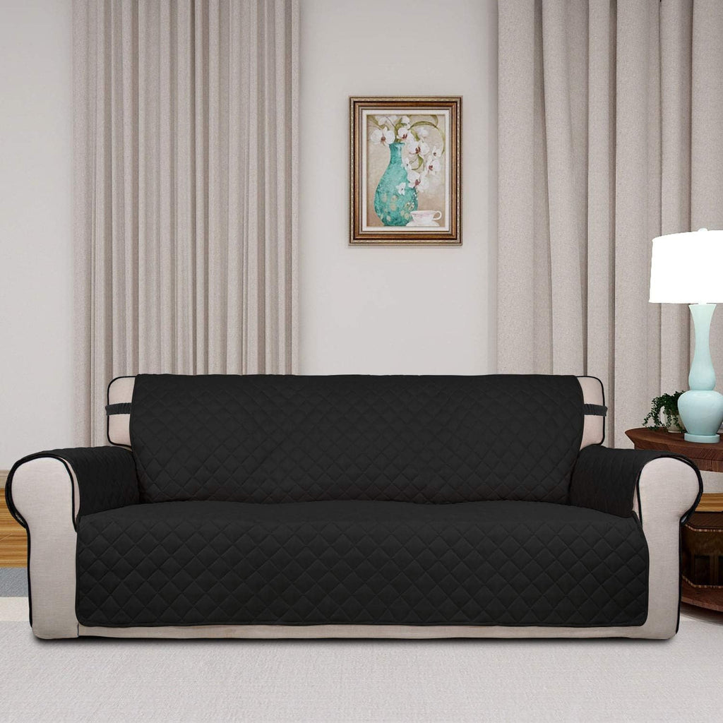 PureFit Reversible Quilted Sofa Cover, Water Resistant Slipcover Furniture Protector, Washable Couch Cover with Non Slip and Elastic Straps for Kids, Dogs, Pets (Oversized Sofa, Black/Beige)