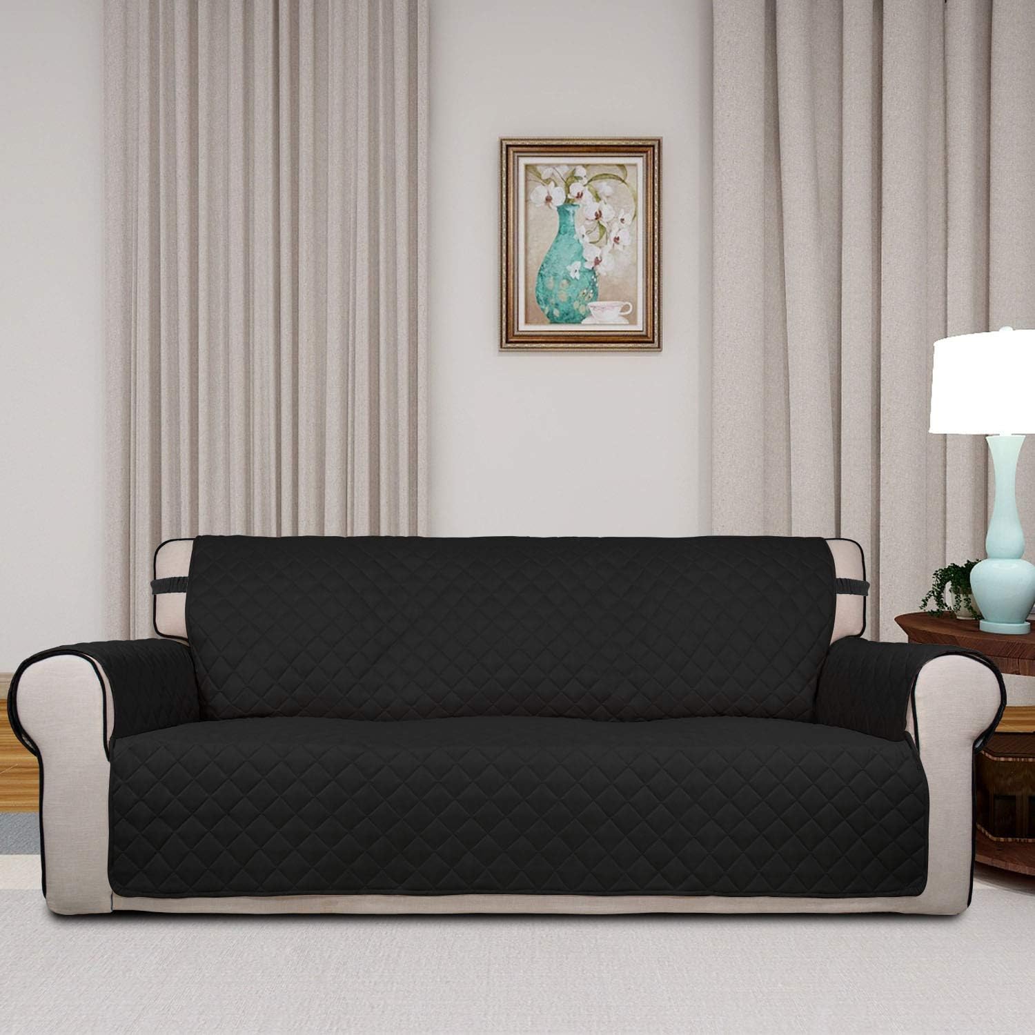 PureFit Reversible Quilted Sofa Cover, Water Resistant Slipcover Furniture Protector, Washable Couch Cover with Non Slip and Elastic Straps for Kids, Dogs, Pets (Sofa, Black/Beige)