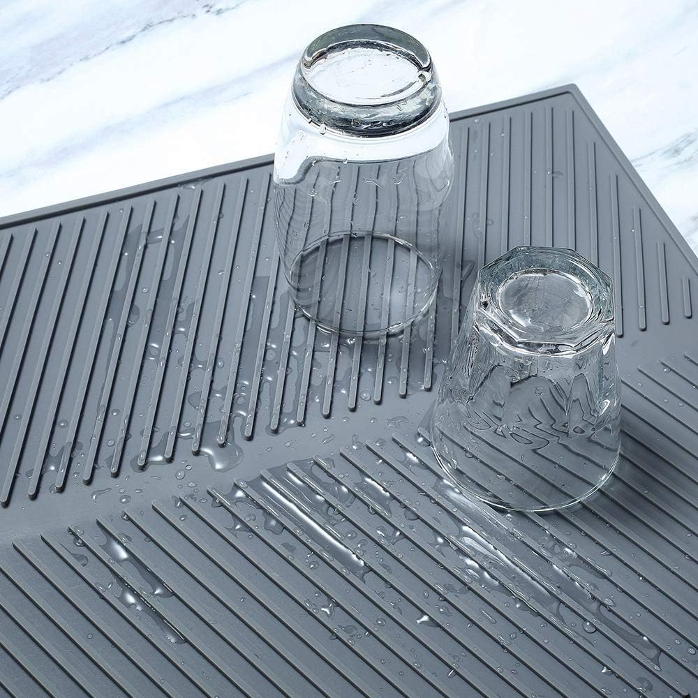 Silicone Dish Draining Mat, Eco Friendly Dish Drying Mat Kitchen Counter Anti-Skid and Heat Insulation Pad, Sink Drainer Mat with Dense Drainage Grooves (L (20"×16"))