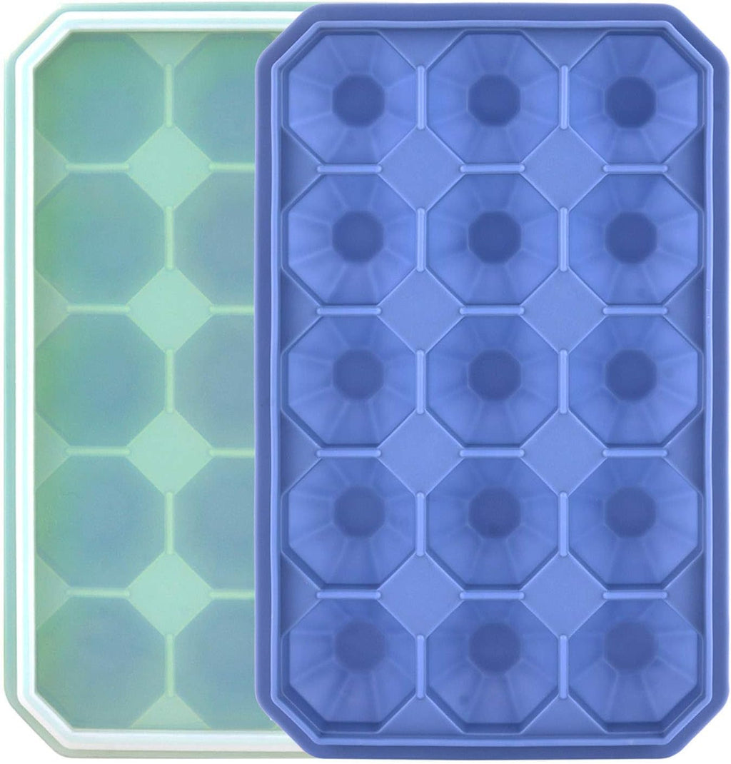 Ice Cube Trays with Silicone Lid, 15 Grid Diamond Shaped Ice Tray Easy Release Stackable Ice Cube Mold, 2 Pack (Grey Blue+Green)