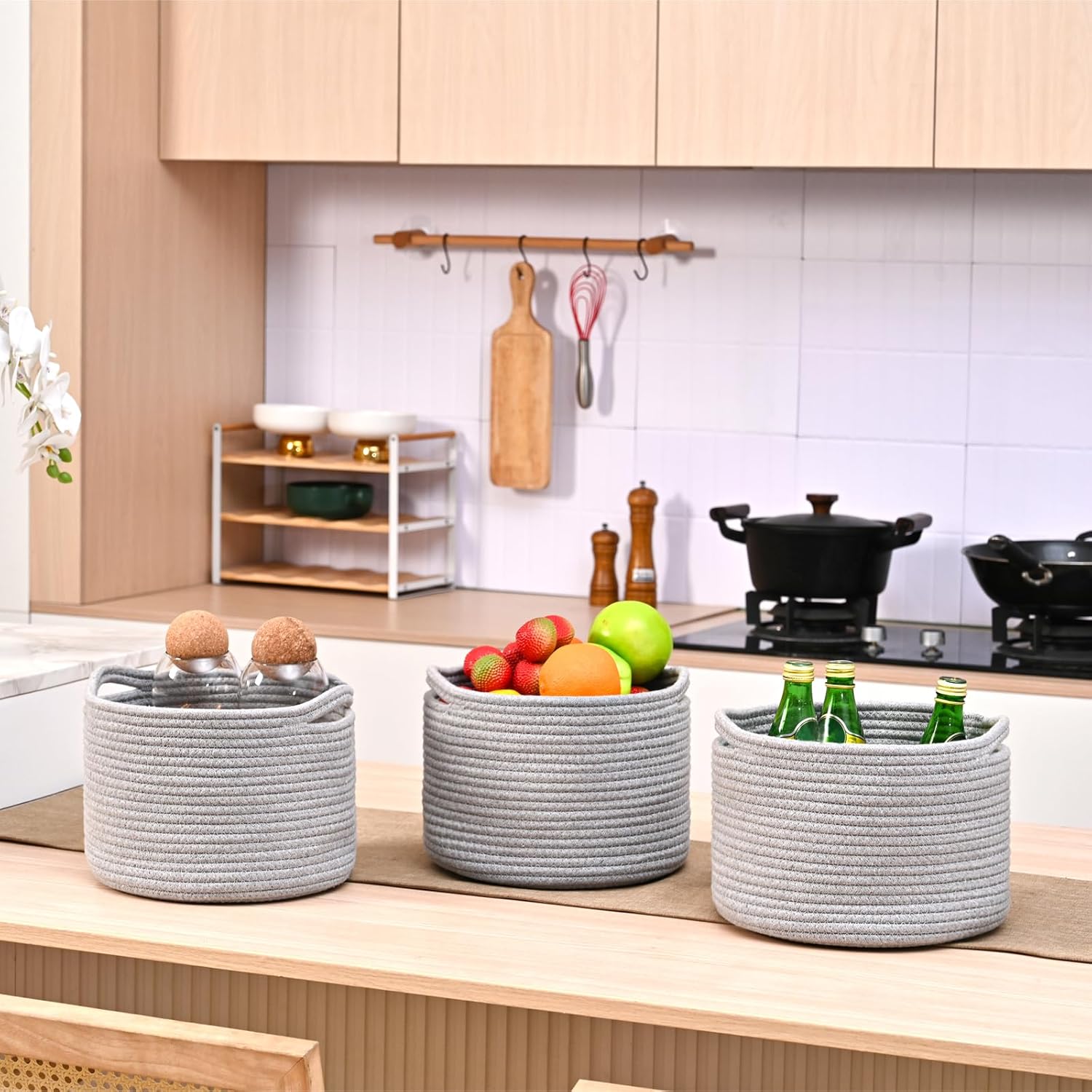 Small Storage Baskets for Organizing, Organizer Baskets for Shelves, Small Woven Basket for Storage, Cute Basket for Gifts Empty, Soft Cotton Rope Baskets, 9.7"×9.7"×7" (3 Packs) Grey