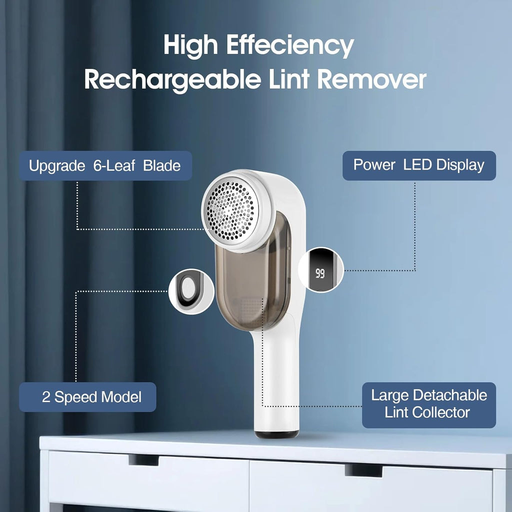 Rechargeable Electric Fabric Shaver Lint Remover with LED Display, Sweater Shaver 2- Speed to Remove Fuzz and Pill for Clothes, Furniture, Couch and Blanket(White)