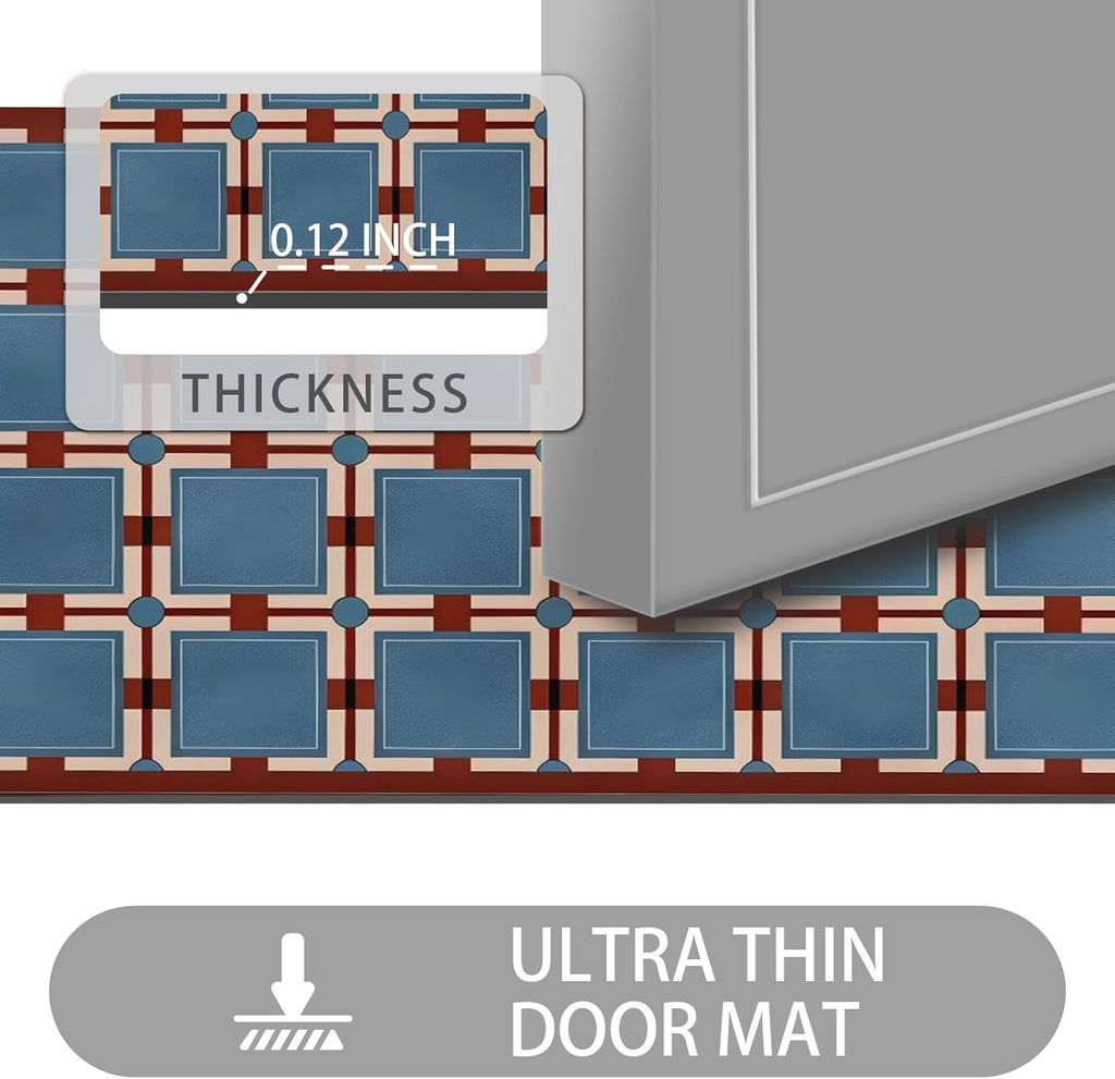 Ultra Thin Door Mat Indoor Entrance, 1/10 in Thin Door Mats for Inside Entry, Non-Slip Rubber Backing Washable Doormat, Fade Resistant, Absorbent, Low Profile Dirt Trapper, 30"X17",Navy blue Checkered