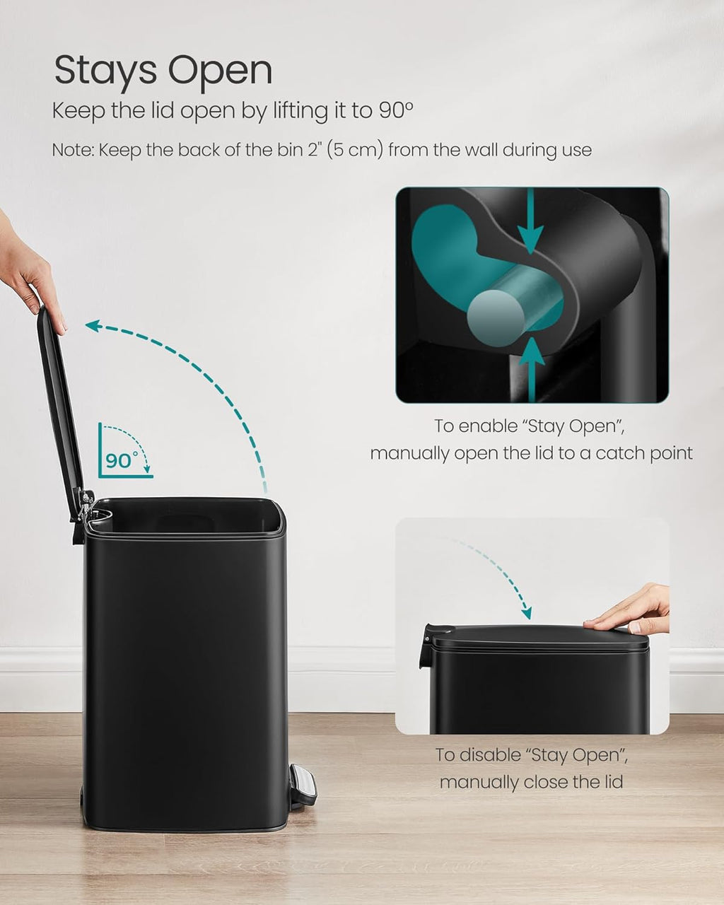 SONGMICS Kitchen Trash Can, 5.2-Gallon (20 L) Trash Bin, Stainless Steel Garbage Can, with Inner Bucket, Soft Close and Stays Open, Ink Black ULTB592B01