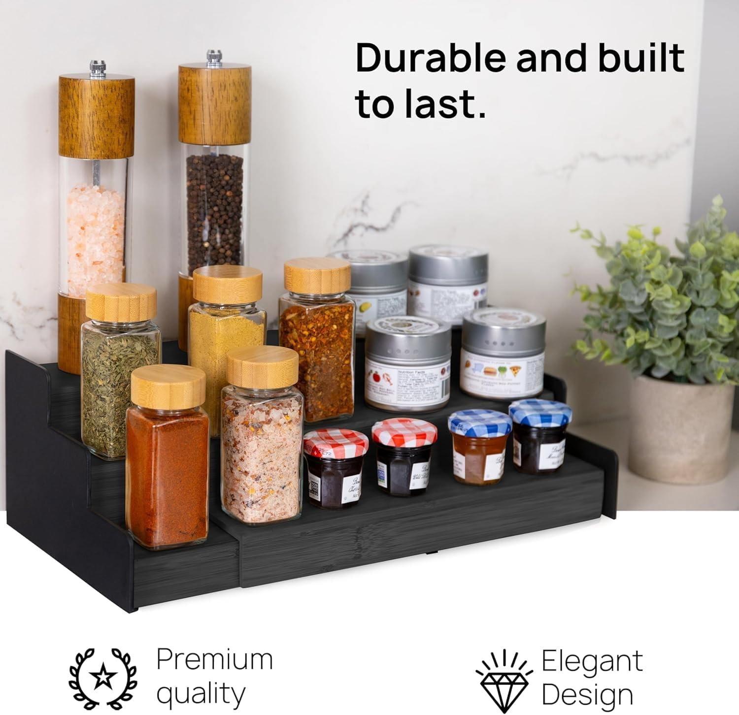 Ibyx Premium 3-Tier Spice Rack Organizer for Cabinet - Expandable Bamboo Spice Storage - Non-Skid Countertop Step Spice Shelf - Great for Kitchen Cabinet, Countertop, Cupboard, Pantry (Black)