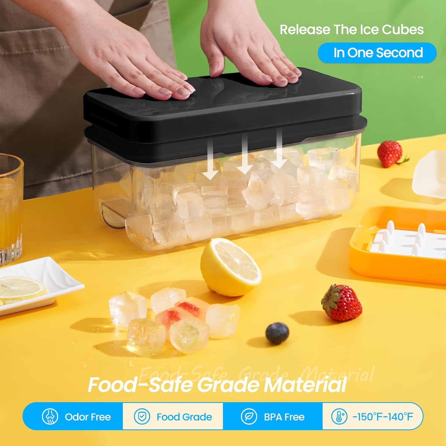 Ice Cube Tray with Lid and Bin, PHINOX 64 pcs Ice Trays for Freezer, Ice Cube Trays for Freezer with 2 trays, Container, Lid & Ice Scoop, BPA Free, Black