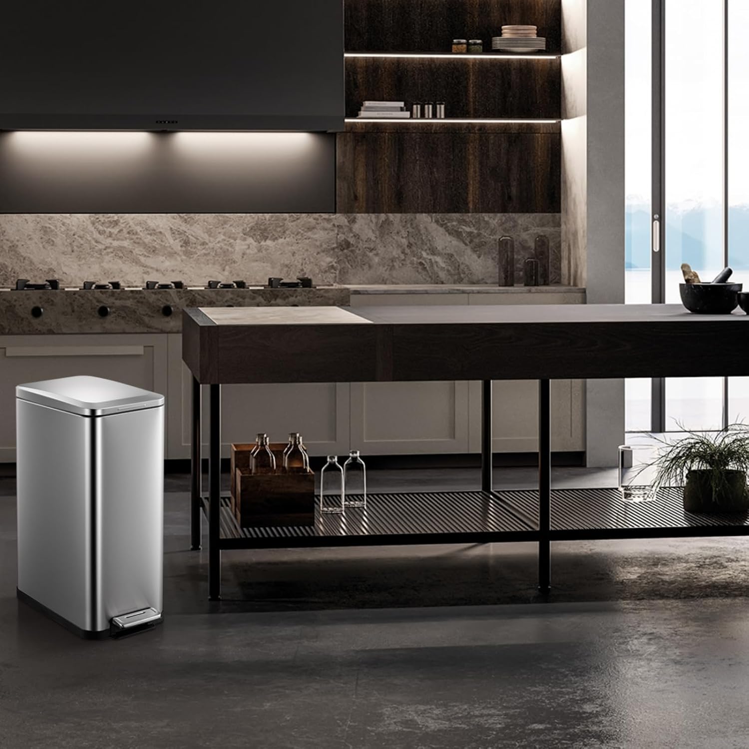 13.2 Gallon / 50L Kitchen Trash Can, Slim Stainless Steel Garbage Can with Removable Inner Bucket, Fingerprint-Proof Step Rubbish Bin with Soft-Close Lid for Narrow Space, Silver
