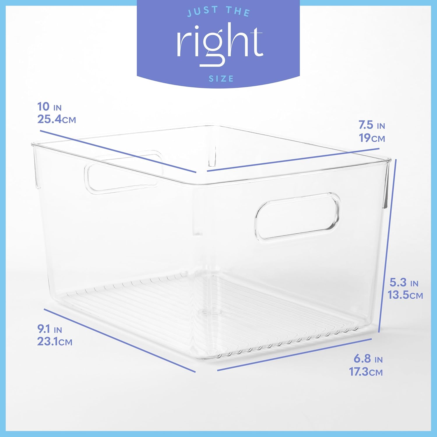 Plastic Food Storage 4 Pack Clear Container Bin with Handles for Organizing Kitchen, Pantry, Refrigerator, Freezer, Pantry, Cabinet, Closet, Bathroom. 10”x7.5”x5.3”