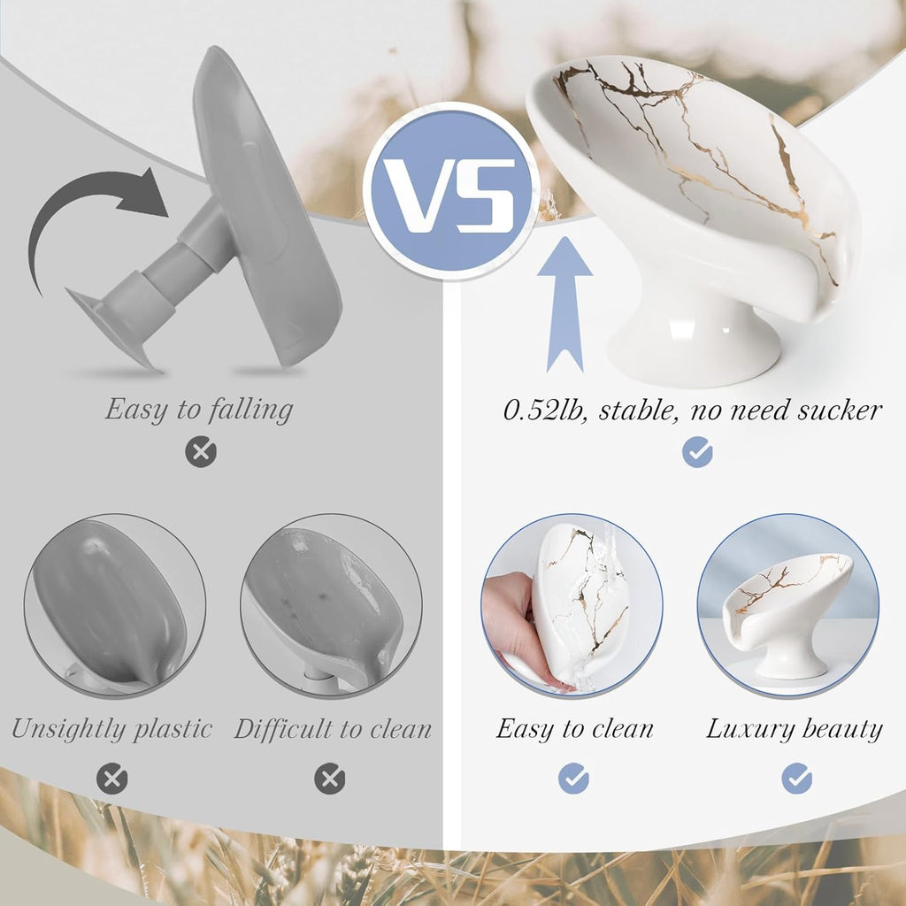 Soap Dish Set, Self Draining Bar Soap Holder for Bathroom Sink, Leaf Shaped Drainage Ceramic White Marble Porcelain Soap Dishes, Kitchen Decorative Soap Dish 2PACK, ANTIS'S HOME