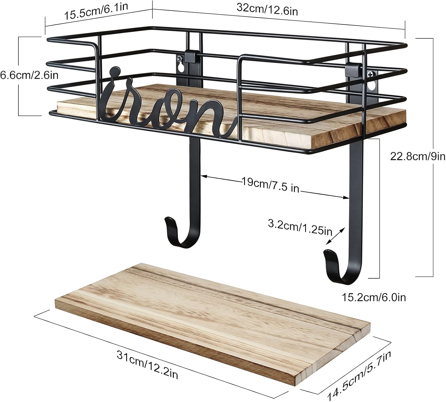 TJ.MOREE Hanger wall mount - Laundry Room Iron and ironing board Holder, Metal with Large Storage Wooden Base Basket and Removable Hooks (Black)