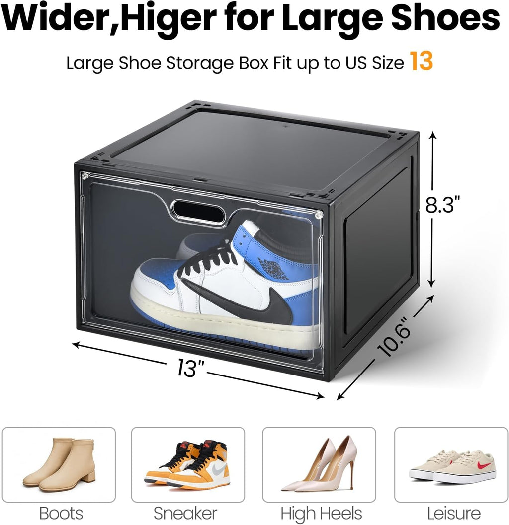 8 Pack Shoe Boxes Black Plastic Stackable, Large Shoe Storage Organizer,Drop Side Front Shoe Containers for Entryway,Sneaker Storage Fit up to US Size 13 for Men/Women(13’’x 10.6”x 8.3”)