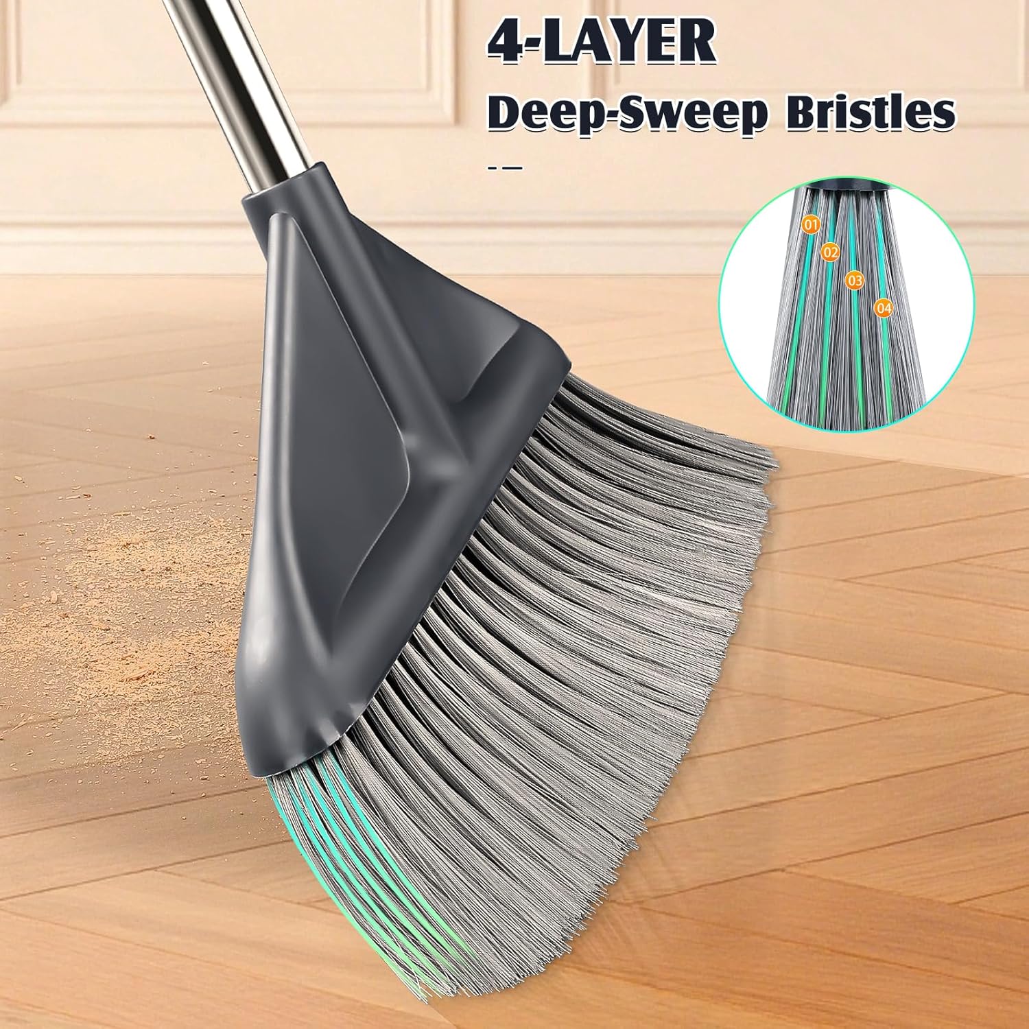 Broom and Dustpan Set for Home with 52 Inch Long Angled Handle - Stand Up Dustpan No Warping Metal Edge, Ergonomic Sweeping, 4 Layer Bristles and Hair Cleaning Teeth for Kitchen Office