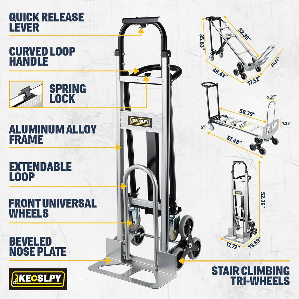 3 in 1 Industrial Convertible Hand Truck, 1000 LBS Capacity Heavy Duty Platform Cart, Utility Aluminum Collapsible Dolly with Stair Climbing Wheels and Dual Handles for Transport, Moving