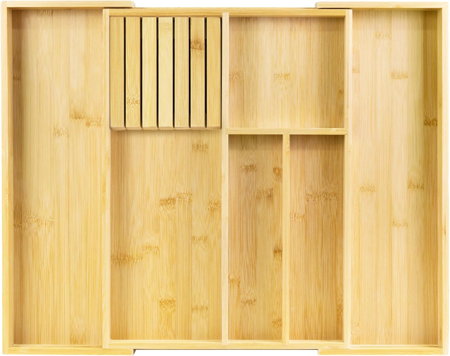 VaeFae Bamboo Kitchen Drawer Organizer, Wooden Utensil Tray with Multiple Compartments, Cutlery and Silverware Storage