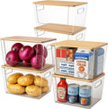 6 Pack Clear Stackable Storage Bins with Bamboo Lids, Plastic Storage Containers with Handle for Pantry, Bathroom, Kitchen, Closet, Cabinet, Fridge Organizer and Storage