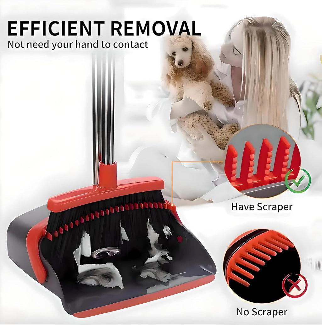 Broom and Dustpan Set – Upright Standing Broom with Long Handle and Clip-On Dustpan – Indoor Sweeping Set for Home, Office, or Kitchen – Space-Saving & Easy to Store (Red & Black)