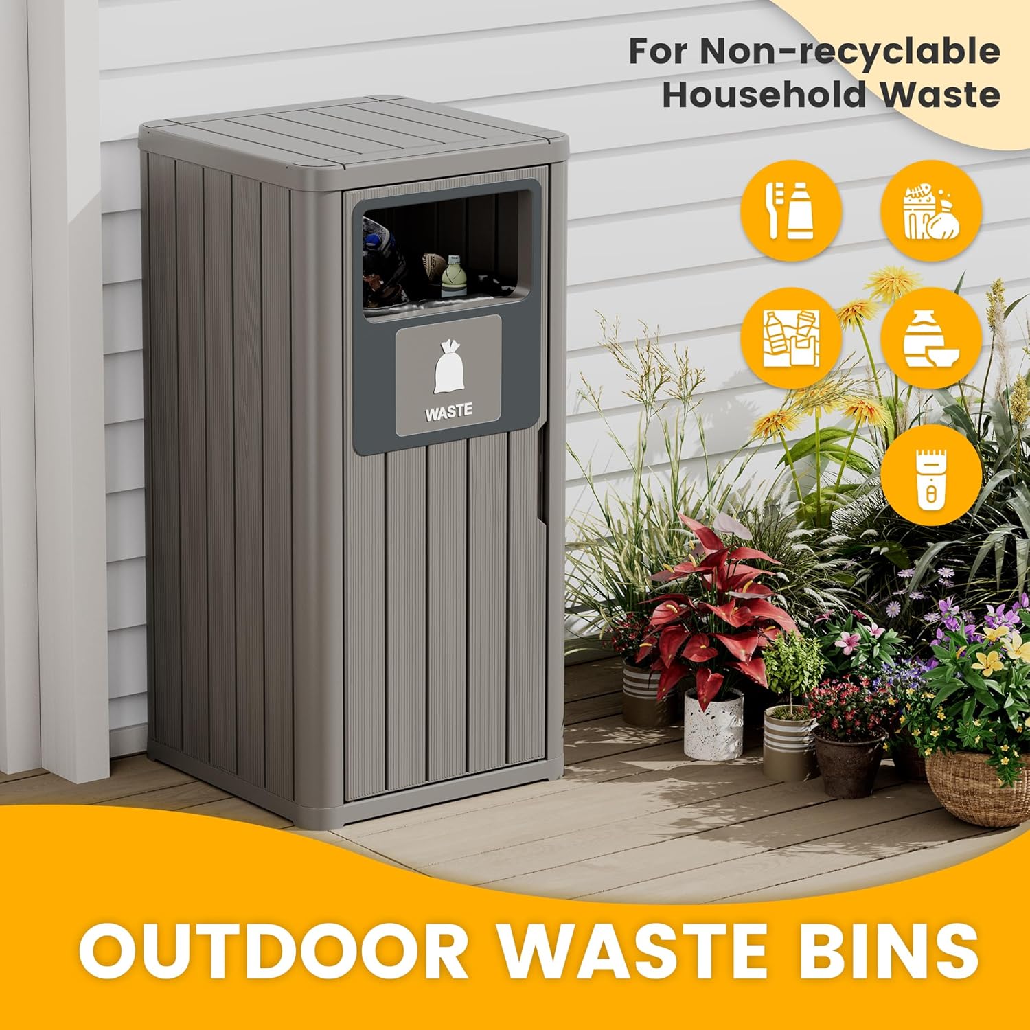 Outdoor Trash Can, Waterproof Resin Garbage Can Indoor and Outdoor Use, Durable & Weather-Resistant Commercial Garbage Can, Outside Trash Bin for Patio, Kitchen