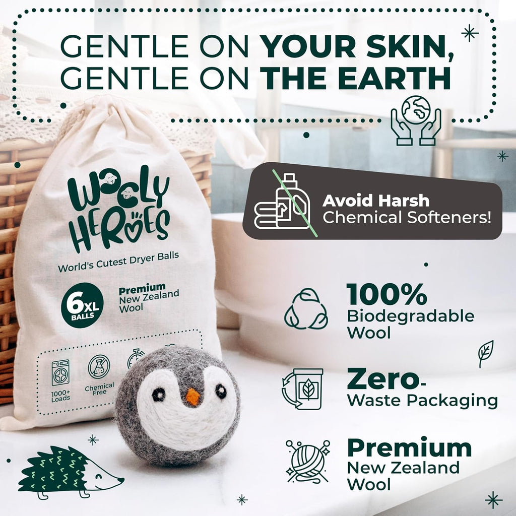 No More Dryer Sheets! Reusable Wool Dryer Balls XL 6-Pack - Reduces Static, Cuts Dry Time, & Softens Naturally