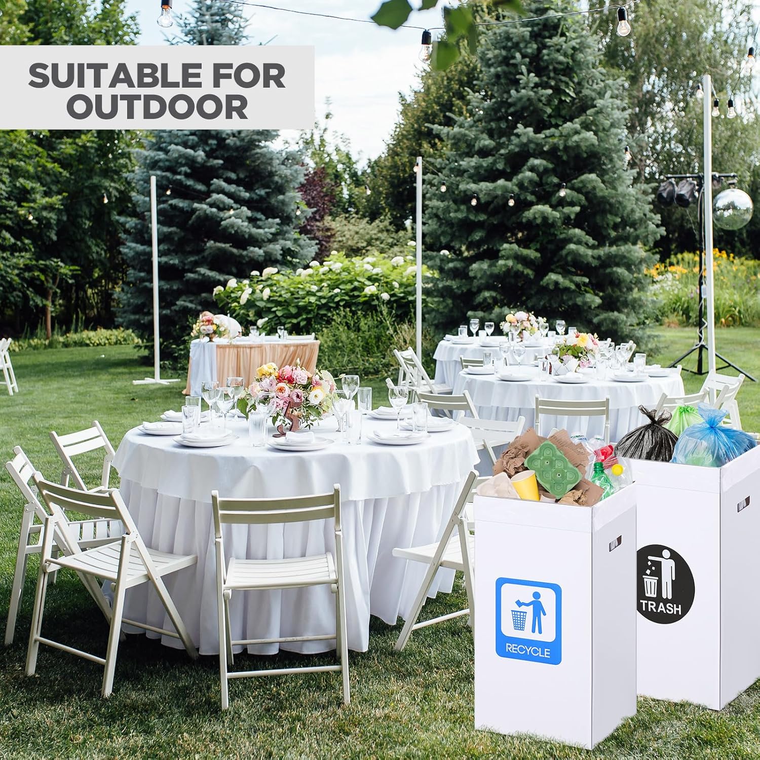 Tioncy 5 Pcs 30 Gallon Corrugated Cardboard Trash Cans Recycling Bins with Trash and Recycle Letters White Disposable Garbage Container Reusable Garbage Boxes for Party Camping Outdoor Events