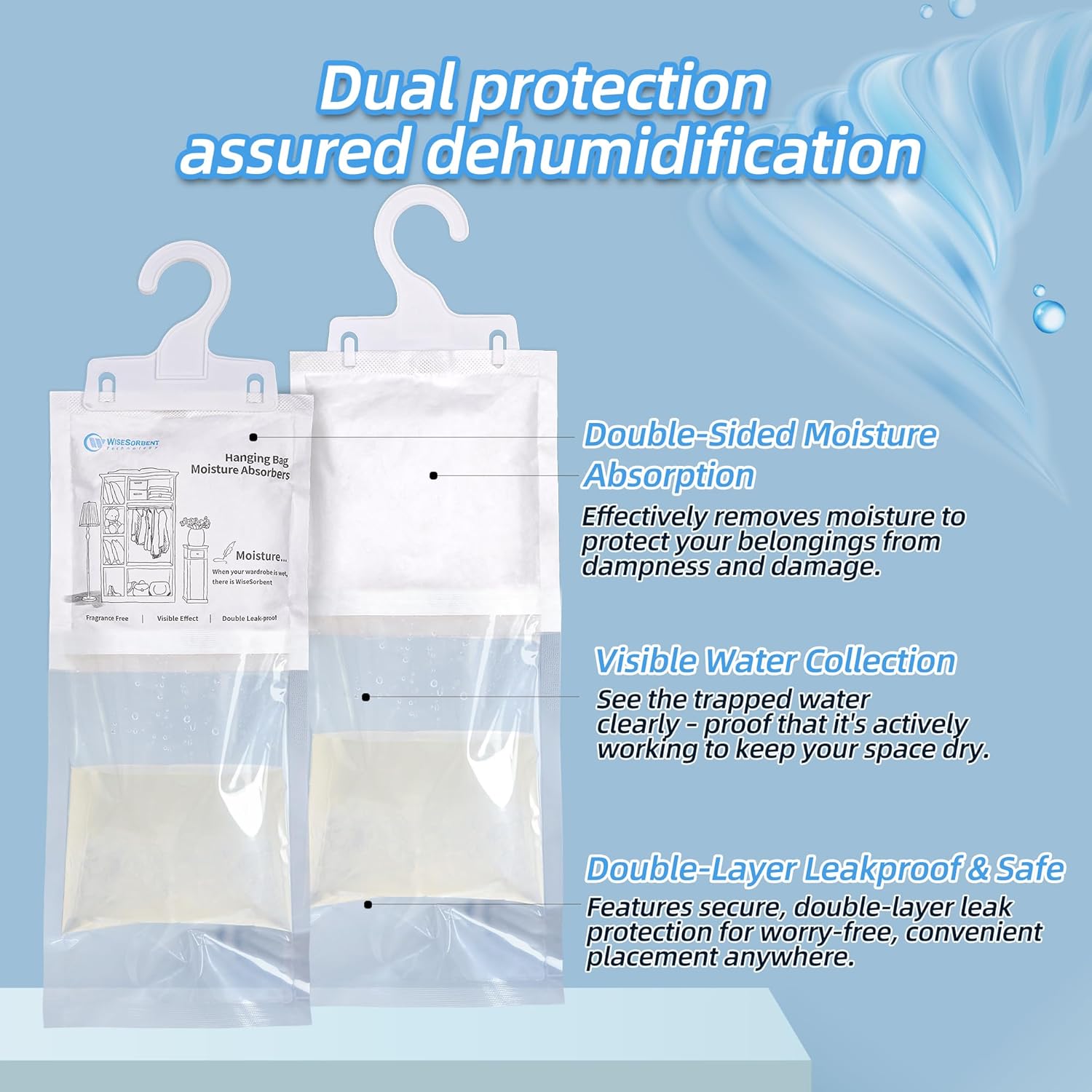 Moisture Absorber Hanging Bags 12 Pack - 7 oz Fragrance-Free Dehumidifier for Closet, Bathroom, Bedroom – Double Leak-Proof Design & Dual-Sided Absorption
