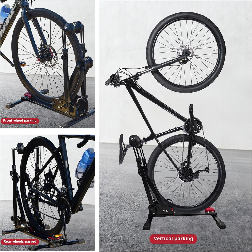 Heavy-Duty Floor Bike Stand, Freestanding Bicycle Storage Rack, Adjustable Dual Support Arms, No-Drill Installation for Garage, Black