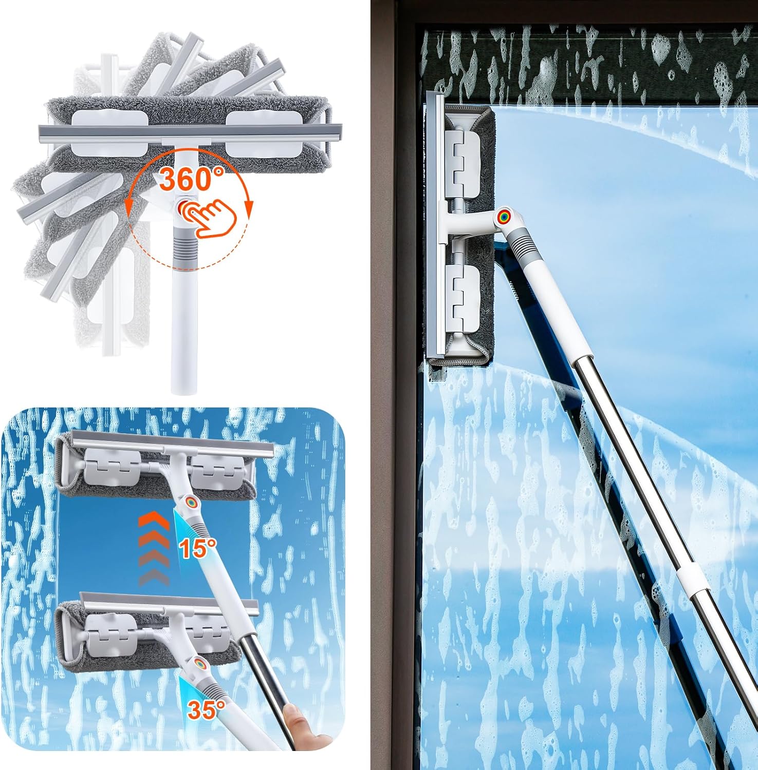 funest 126‘’ Squeegee for Window Cleaning, 2-in-1 Window Cleaner Tool with Extension Pole, Rotatable Head for Indoor and Outdoor Glass Shower Glass Mirror Car RV Window Cleaning Kit