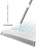 Silicone Floor Squeegee & Broom – Long Handle Hair Remover for Water, Pet Hair – for Bathroom, Tile, Concrete, Garage, Deck, Glass – Indoor Outdoor Cleaning Tool – White (15.7 inch)