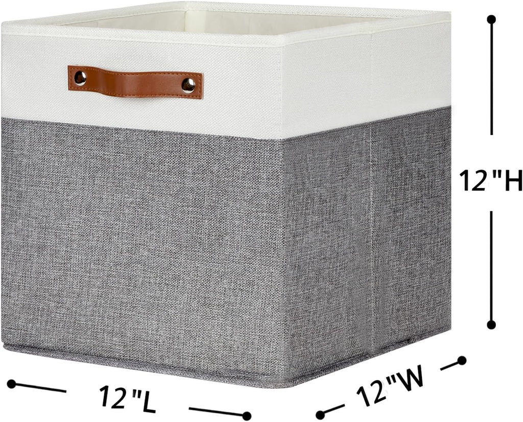 HNZIGE Fabric Storage Cubes 12x12 Cube Storage Bins, Set of 4, Decorative Cube Organizers Bins for Shelves with Handles,Foldable Bins for Cube Organizer Home Toy Nursery Closet(White Gray)