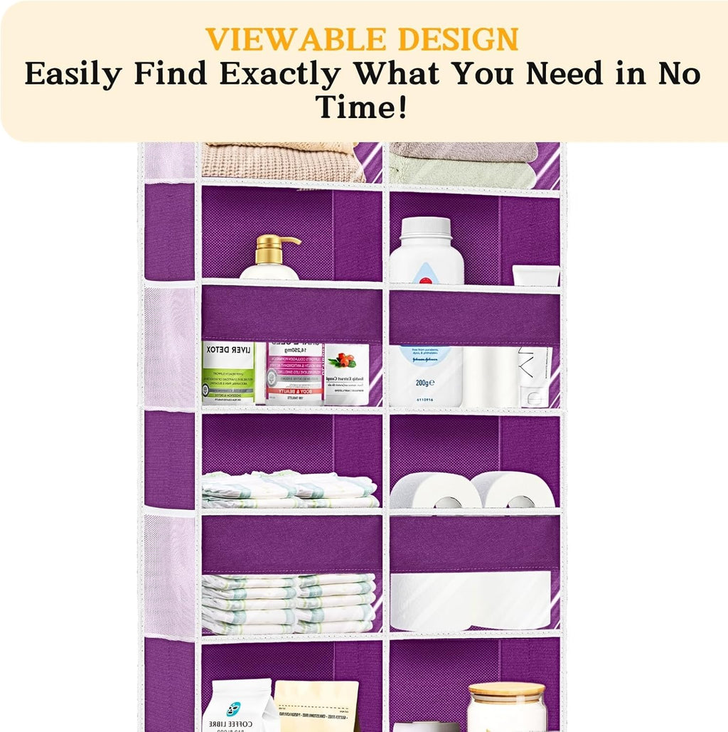 Over The Door Organizer 5 Tiers, Extra Large Behind Door Storage of 10 Compartments, 80 lbs Weight Capacity Hanging Storage Organizer with Clear Window Kids Toys,Shoes,Diapers,Room Storage,Purple