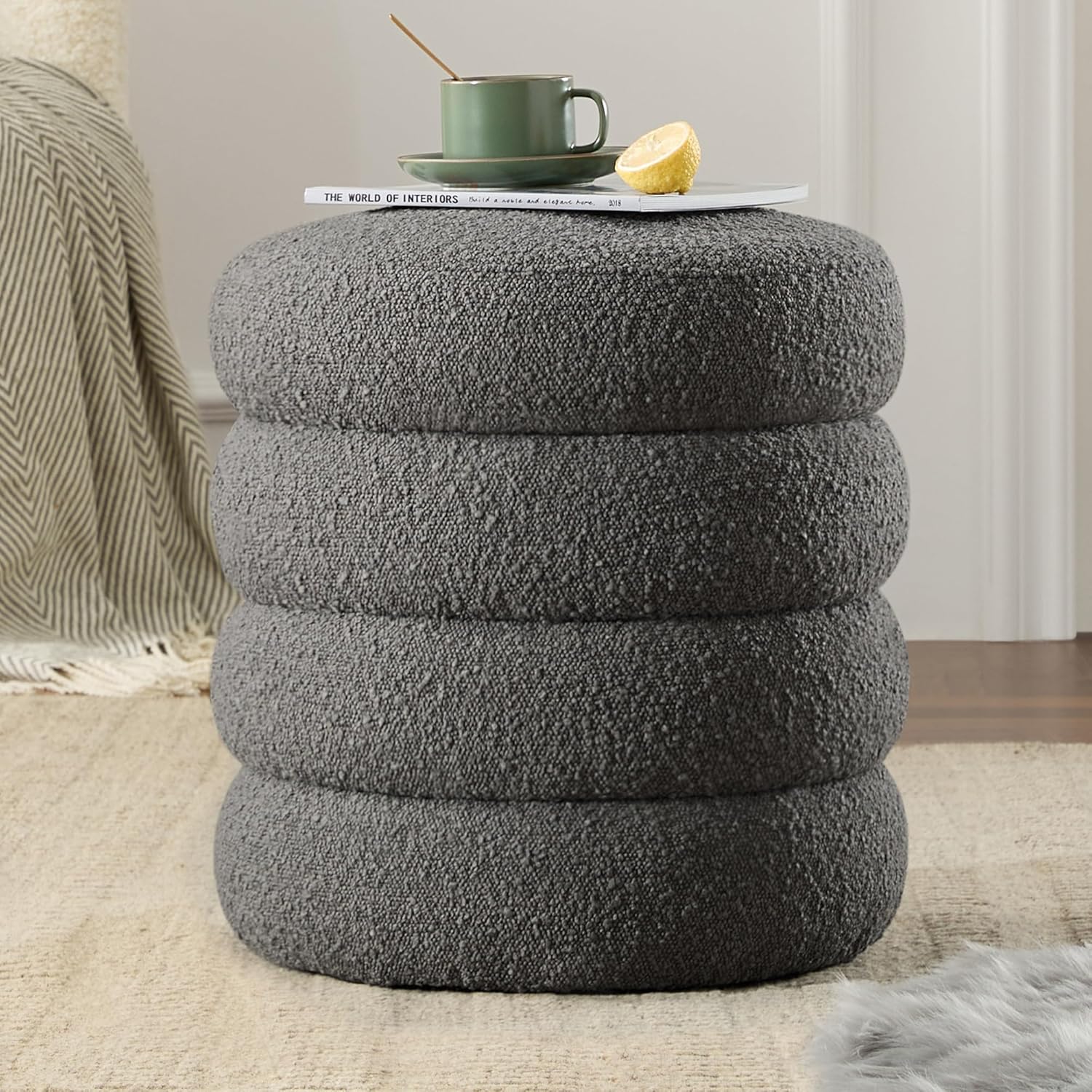 Round Ottoman with Storage Boucle Ottoman Stool with Storage Removable Lid for Living Room Modern Vanity Sorage Stool Foot Rest Bedroom Dorm Gift Set of 1 (Grey)