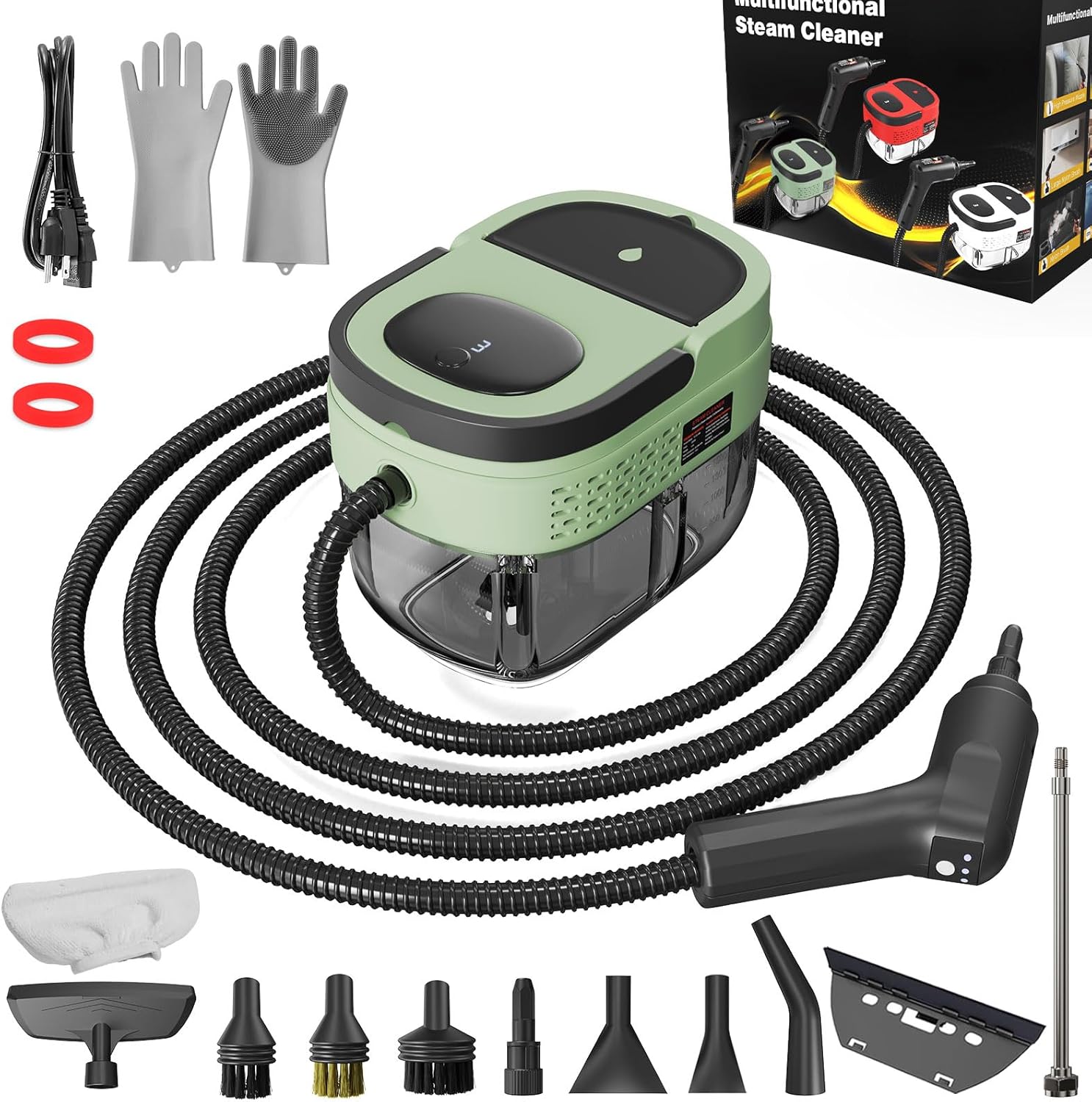 Handheld Steam Cleaner, 2500W High Pressure Steamer for Cleaning, Portable Steam Cleaner with 1.6L Water Tank, 3 Levels Adjustable Handle, Steam Cleaner for Home, Car, Furniture, Bed Bugs (Green)