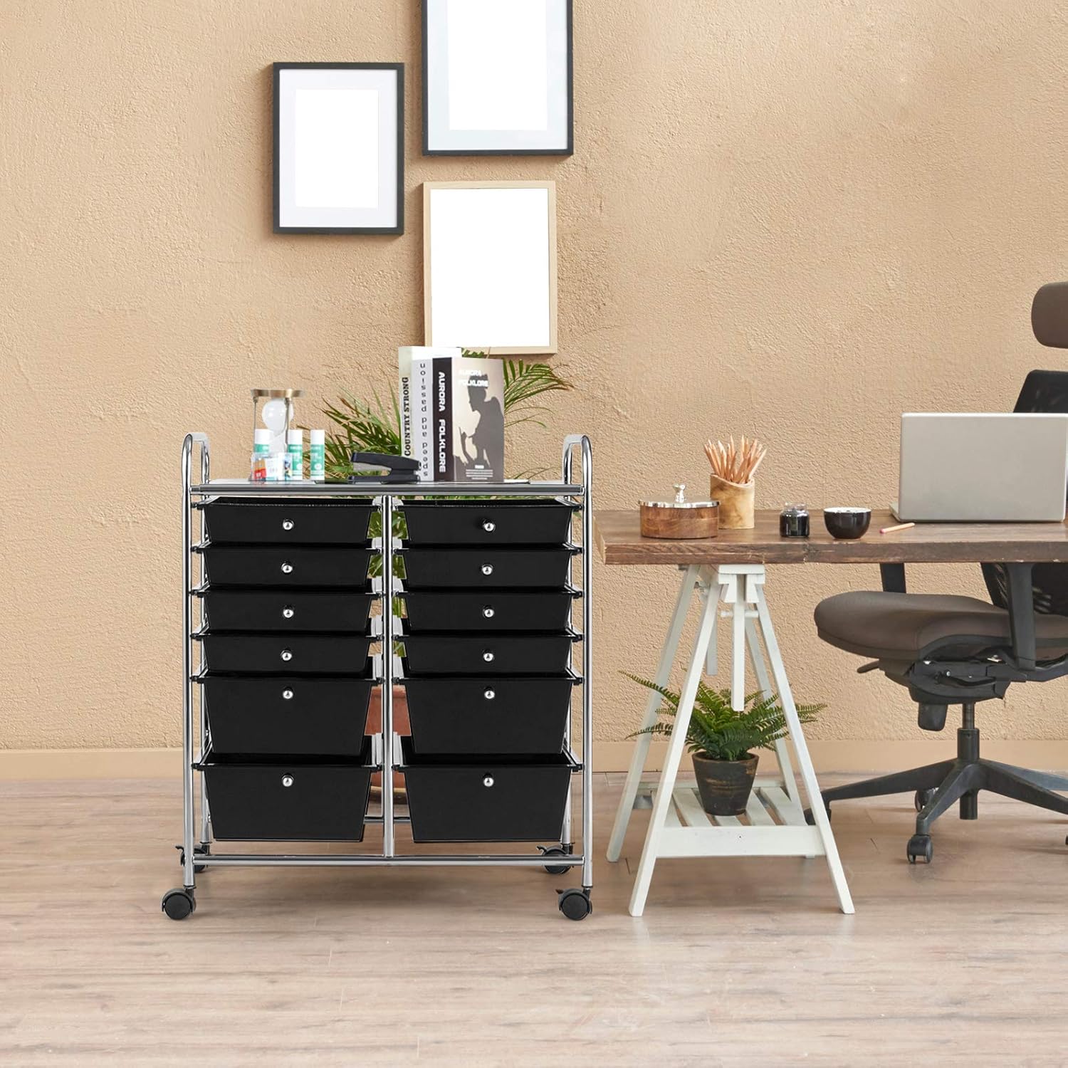 GOFLAME 12-Drawer Rolling Storage Cart, Multipurpose Organizer Cart with 2 Sizes Plastic Drawers, Mobile Utility Cart with Lockable Casters for School, Home Office, Beauty Salon, Black