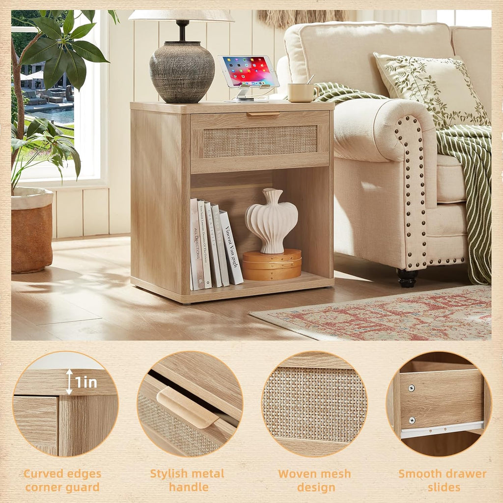 LEYAOYAO Rattan Nightstands Set of 2 with Charging Station, 23" Wide Boho Night Stand with Drawer, Natural Wood Bedside Table Open Cabinet, Bed Side End Table Dresser for Bedroom, Living Room, Hallway