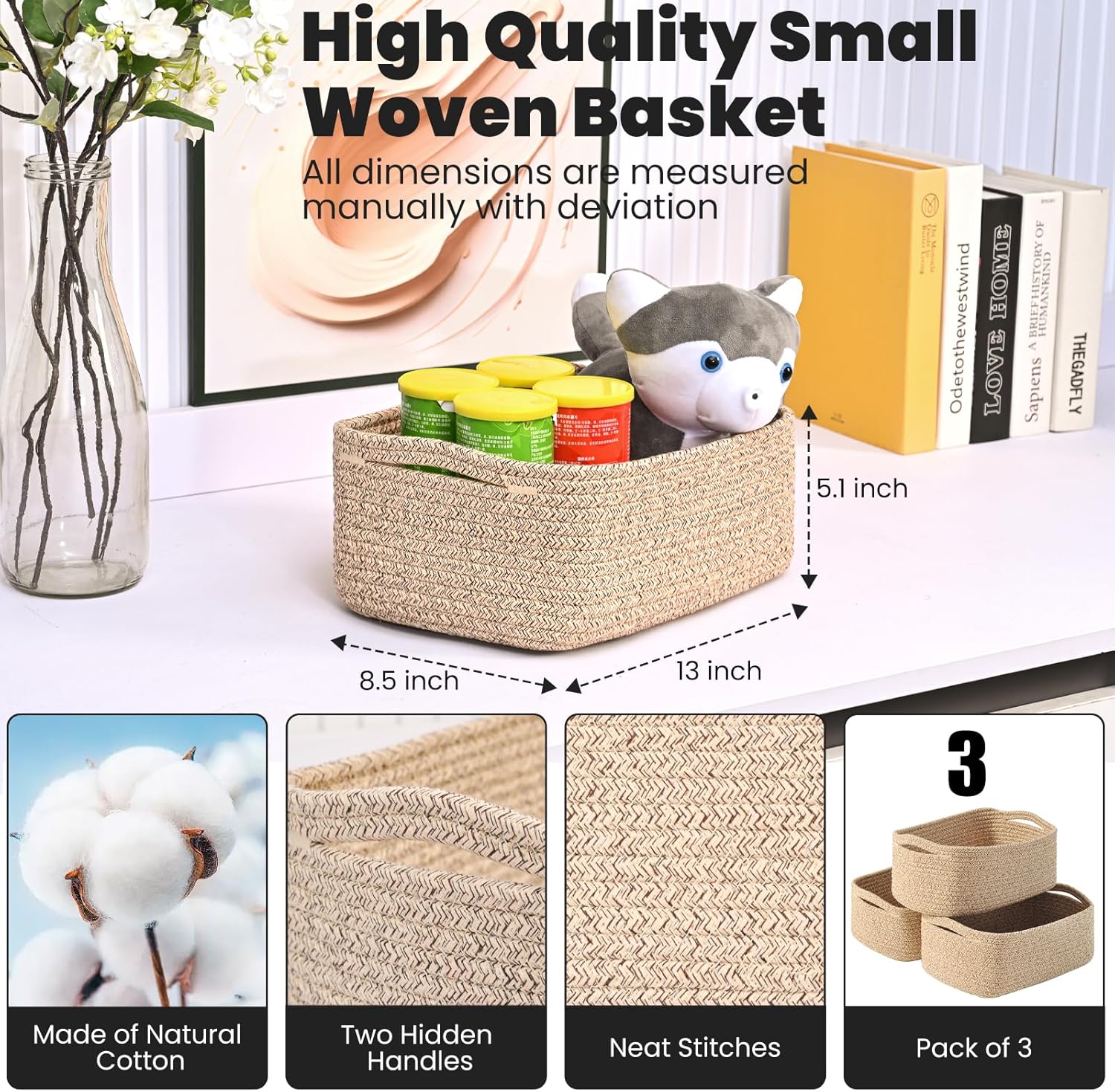Small Baskets for Organizing, Woven Storage Baskets for Shelves, Small Rope Basket for Storage, Decorative Little Baskets for Gifts Empty, 13"×8.5"×5.1" (3 Packs) Brown