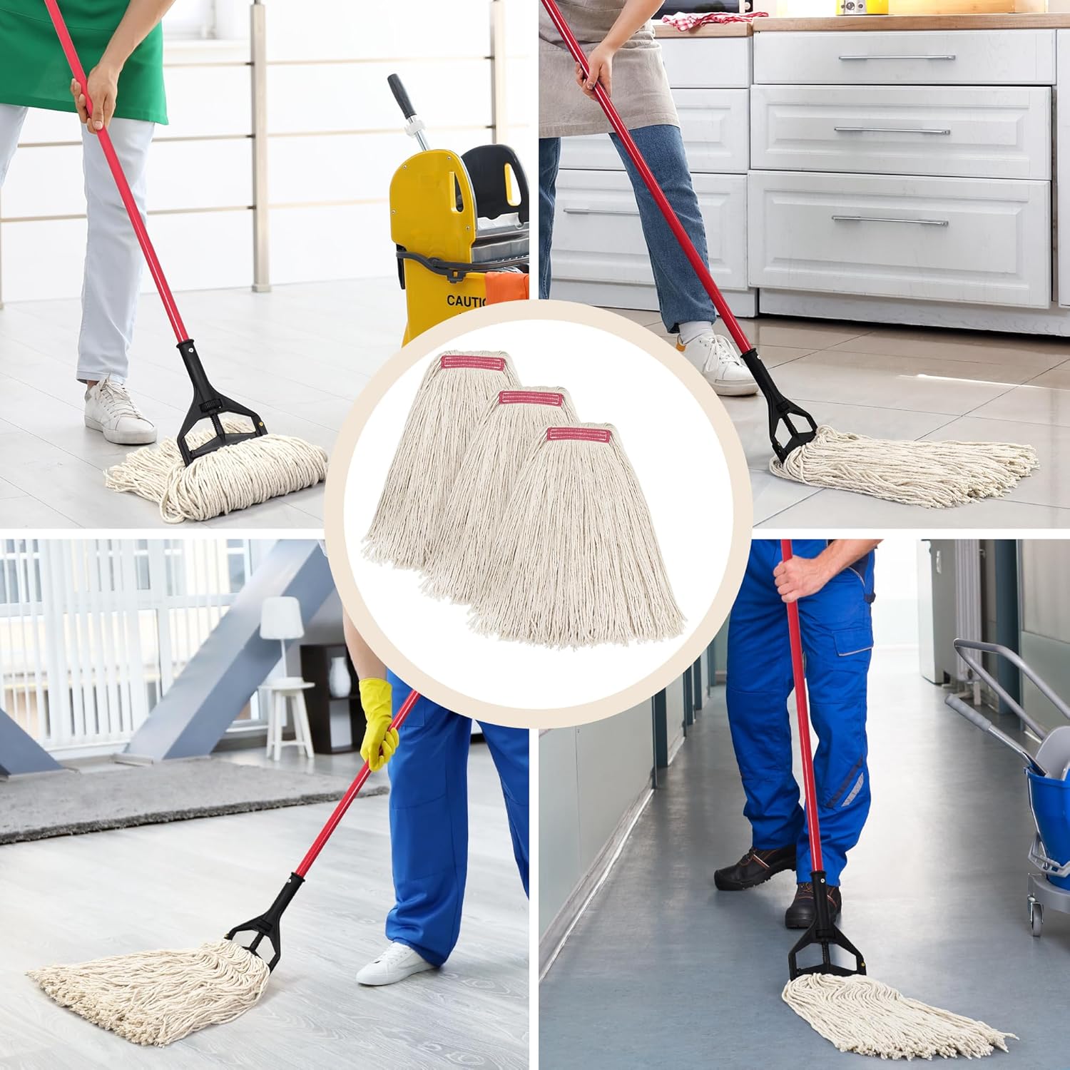Matthew Cleaning 16oz 3Pack Cotton Floor Mop,Cotton Looped-Open String Heavy Duty String Refills, Universal Headband Blend,Mop Head Replacement for Home, Industrial and Commercial Use(White)