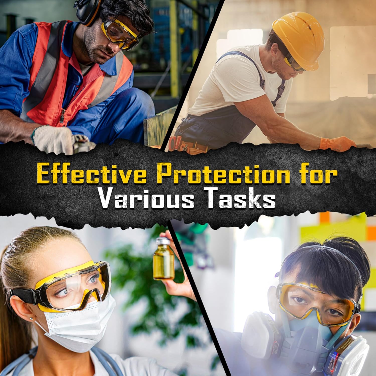COOLJOB Safety Goggles Over Glasses with Anti-Fog Clear Lens, ANSI Z87.1 Impact Resistance and UV Proof, Adjustable Headband