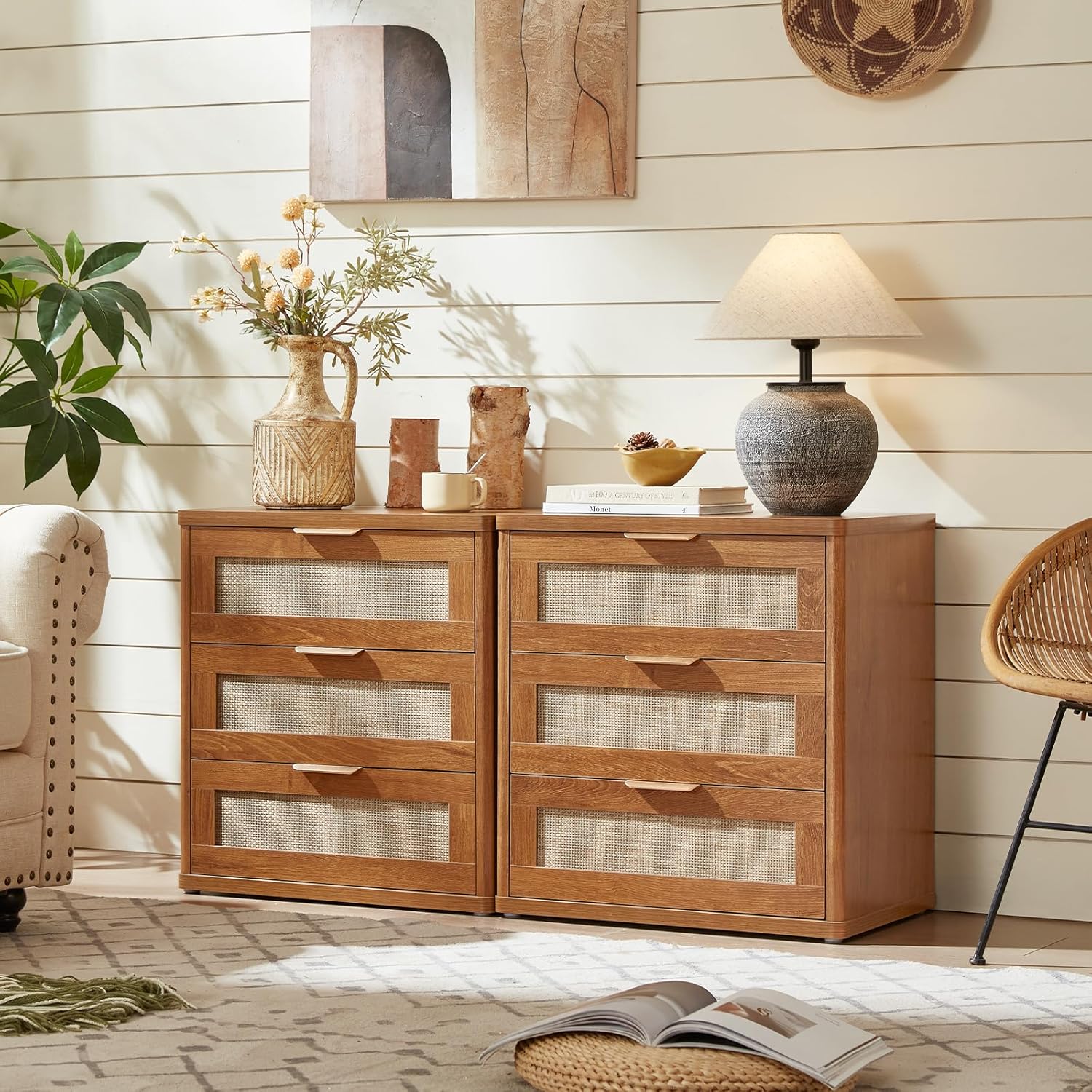 LEYAOYAO Rattan Night Stand Set of 2 with Drawers, 23" Large 3 Drawer Boho Nightstand, Natural Wood Bedside Table Storage Cabinet, Bed Side End Tables Dresser for Bedroom, Living Room, Hallway, Closet