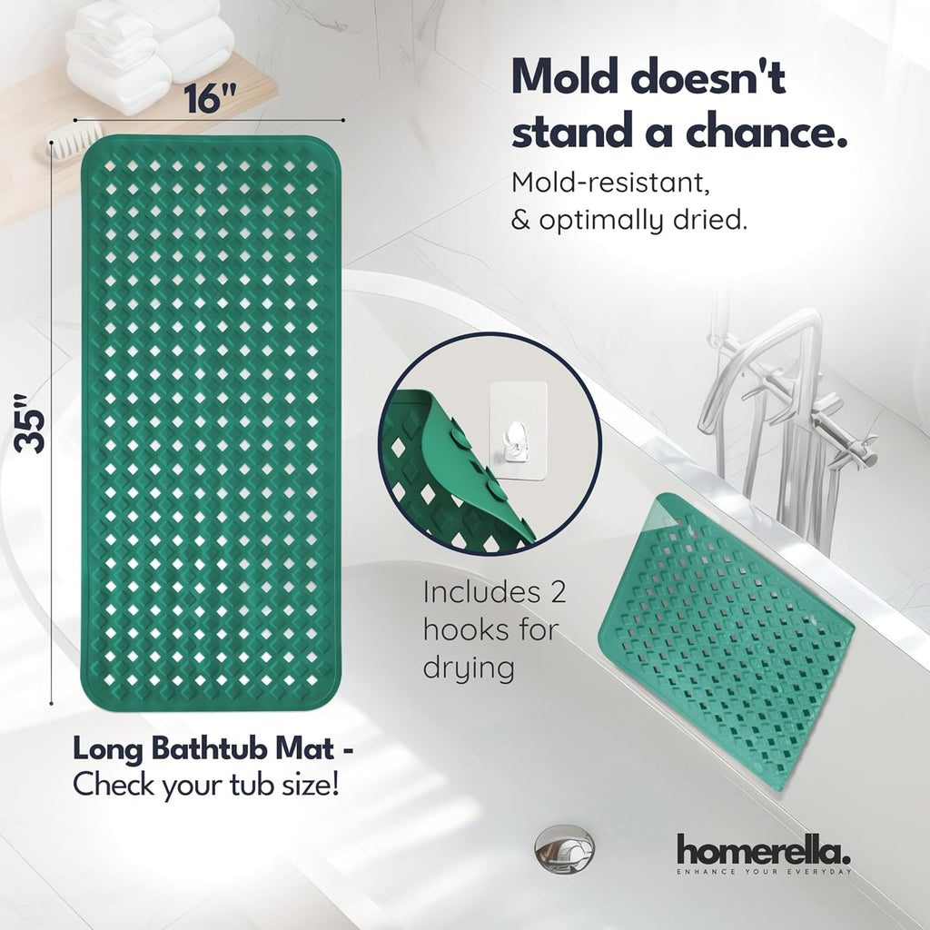 homerella® Bathtub Mat Non Slip 35x16, Incl. Hooks for Drying, Extra Long, 100% BPA Free, Shower Mat Non Slip Anti Mold, Machine Washable, Shower Mats for Inside Shower Mildew Resistant