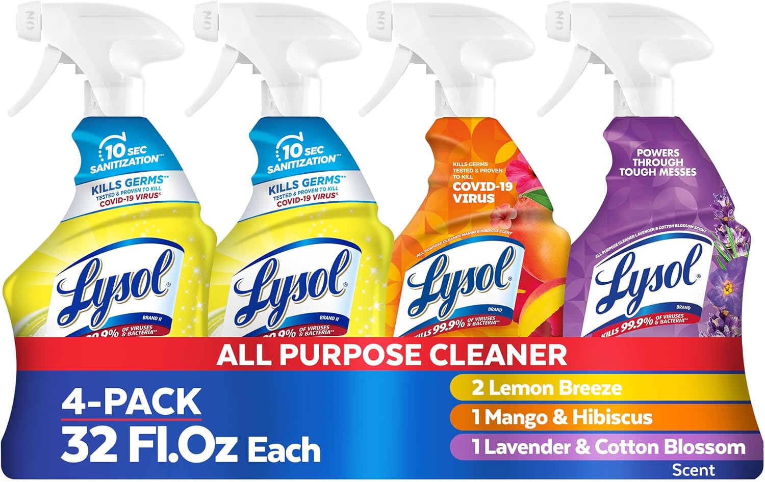Lysol All Purpose Cleaner Spray, Multi-Purpose Disinfecting Spray, Kitchen & Bathroom Cleaner, Lemon Breeze, Lavender, Mango 32oz (Pack of 4)