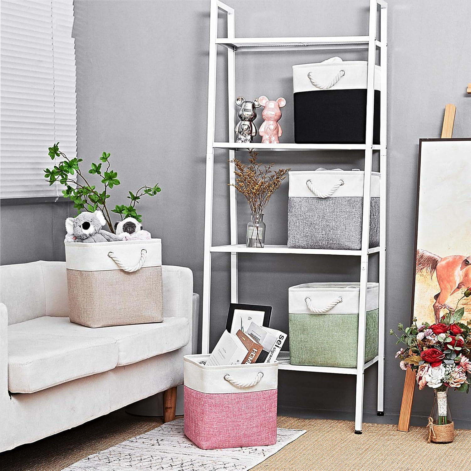 Cube Storage Bins, Collapsible Fabric Storage Cubes Bins, 11 Inch Cube Storage Bins with Handles, Foldable Storage Cubes (White/Beige, 6Pack)