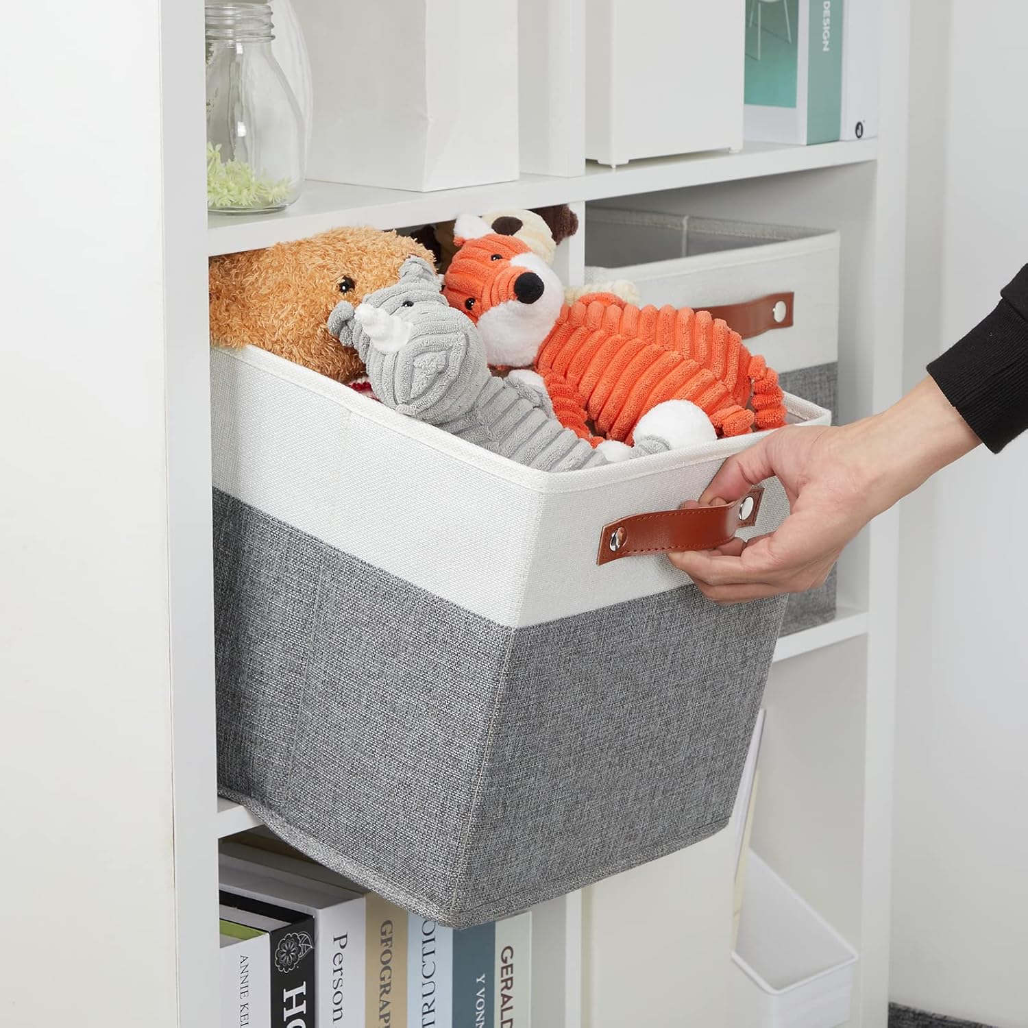 DULLEMELO 11x11 Storage Cubes, Collapsible Sturdy Cube Storage Bins With Handles for Organizing,Fabric Storage Cubes Baskets for Shelves Nursery Closet Home Organization and Storage (White&Grey)