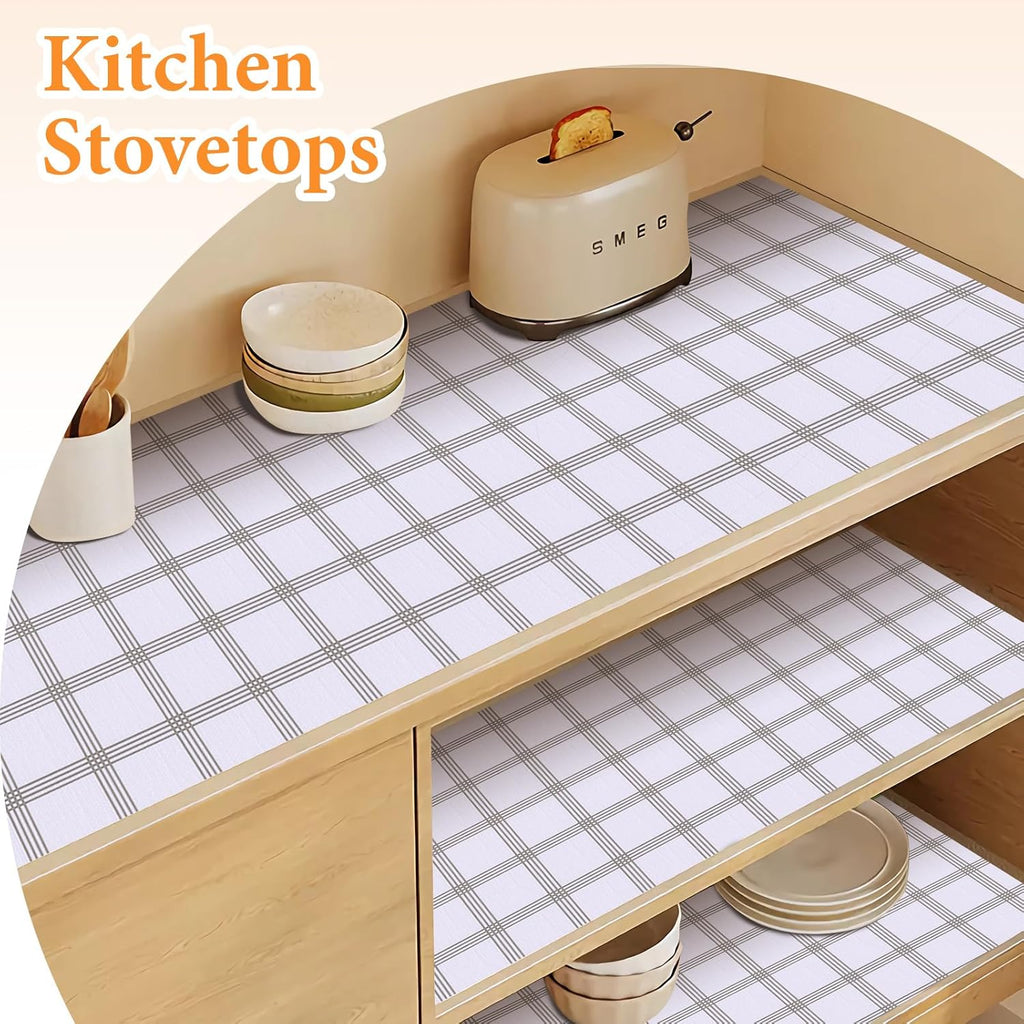 Shelf Liner for Kitchen Cabinets Non Adhesive Drawer Liner Non-Slip Thickened Shelf Liner Paper Strong Easy to Clean for Tool Box Refrigerator with Knife and Tape Measure, White Square, 11.8 x 236 in