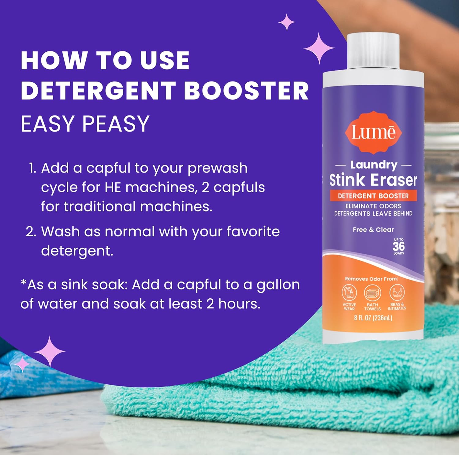 Lume Laundry Stink Eraser - Detergent Booster & Sink Soak - Eliminates Body Odor In Clothes - Odor Blasting Enzyme Blend - Makes Your Detergent Work Better - Free And Clear - 8 fluid ounces (2 Pack)
