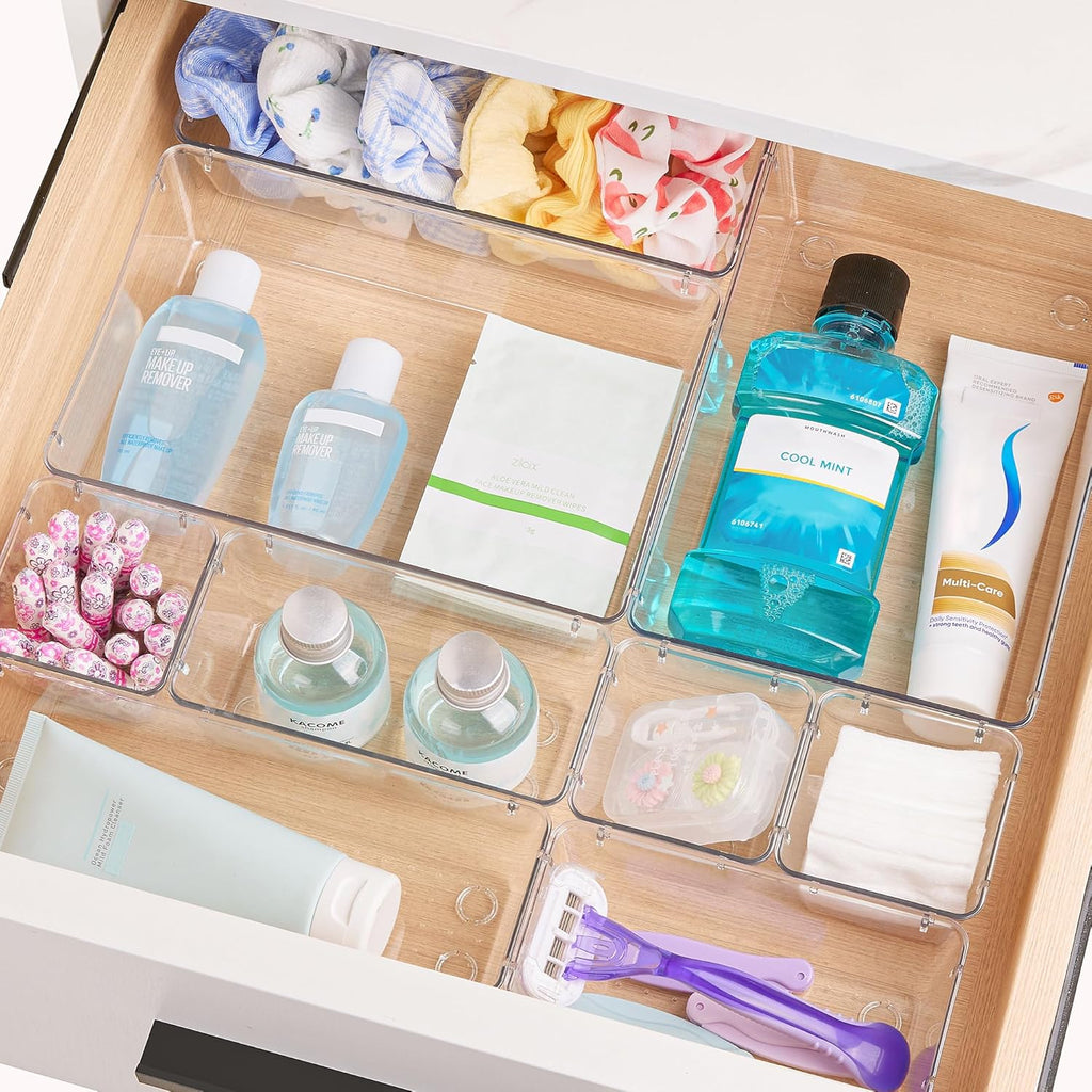 Vtopmart 66 PCS Clear Plastic Drawer Organizer Bins, 4-Size Versatile Bathroom and Vanity Organizer Trays, Acrylic Storage Containers for Makeup, Jewelry, Toiletry, Kitchen Utensils and Office Supply