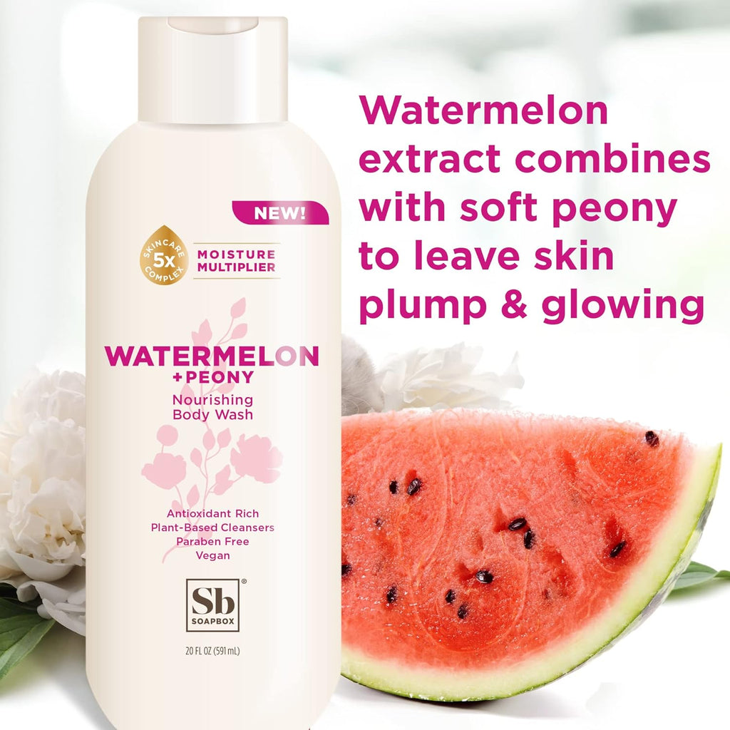 Soapbox Body Wash, Watermelon + Peony Body Wash for Women, Men, Vegan & Antioxidant Rich, Exfoliating, Moisturizing Soap with Shea Butter, Peptides & Keratin Promoting B3, 3 Pack, 20oz Each