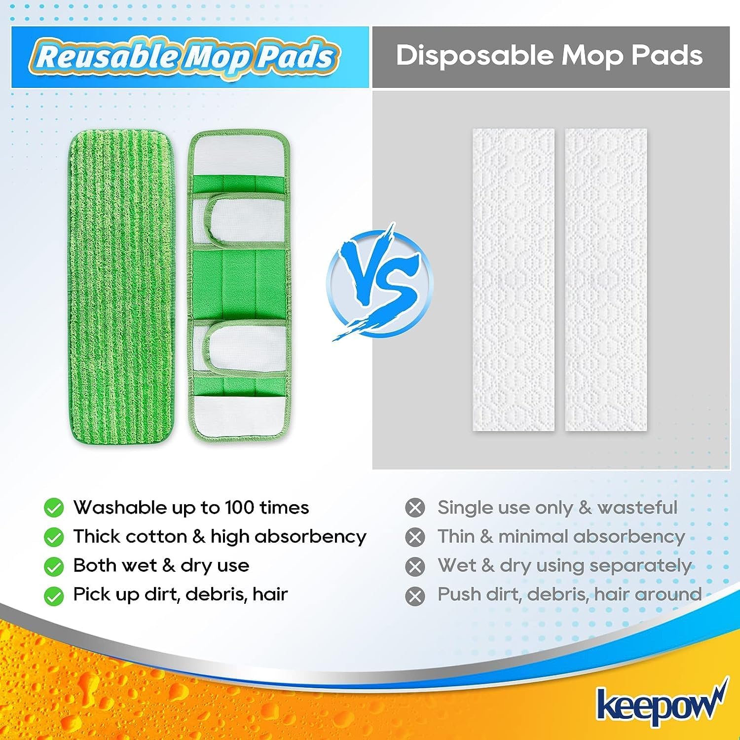 KEEPOW XL Mop Pads Compatible with Swiffer Sweeper XL, 6 Pack Wet Pads Refills Dry Sweeping Cloths, Reusable Pads for X-Large