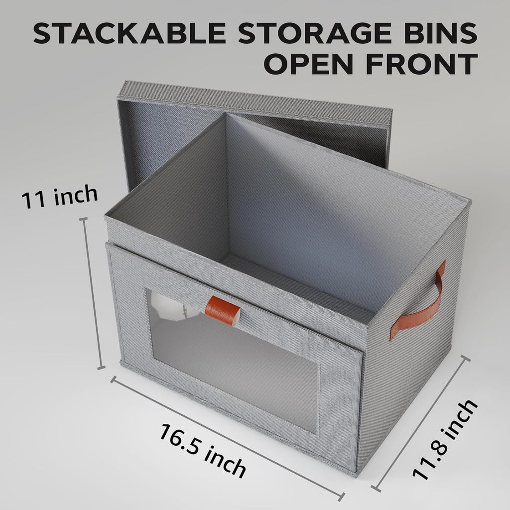 Large Storage Bins with Lids,Stackable&Collapsible Closet Storage Bins,Oxford Fabric Organizer Box with Clear Window,Large Decorative Storage Boxes for Shelves,Wardrobe,Living Room,Dorm(Grey)