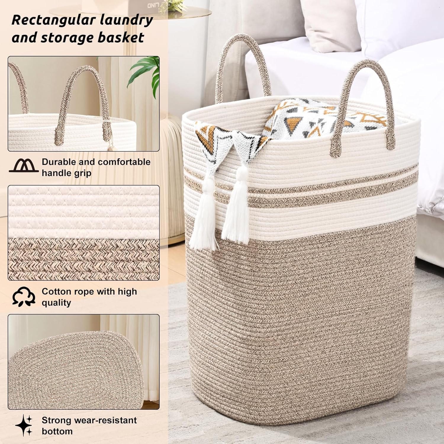 Woven Laundry Basket for Clothes, 100 L Large Rectangle Laundry Hampers, Nursery Storage Basket for Toys, Tall Dirty Clothes Hamper for Bedroom Aesthetic, Bathroom, Laundry Room